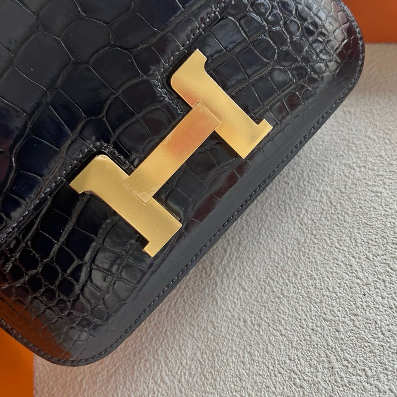 Hermes Mini Constance 19 Bag Shiny Alligator Crocodile Blue Indigo GHW 