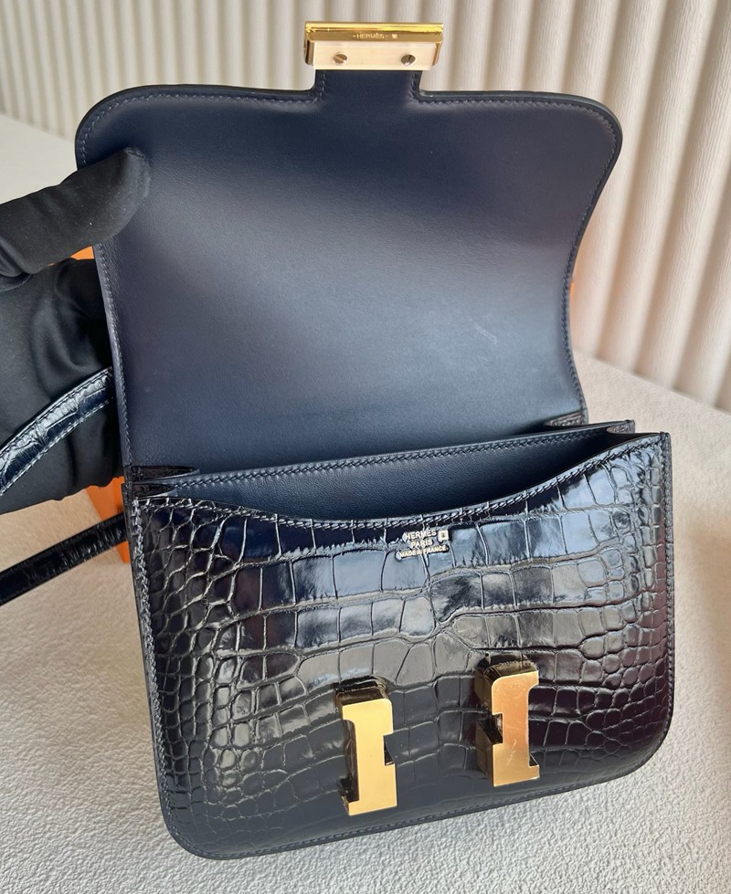 Hermes Mini Constance 19 Bag Shiny Alligator Crocodile Blue Indigo GHW 
