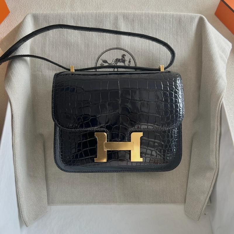 Hermes Mini Constance 19 Bag Shiny Alligator Crocodile Blue Indigo GHW 