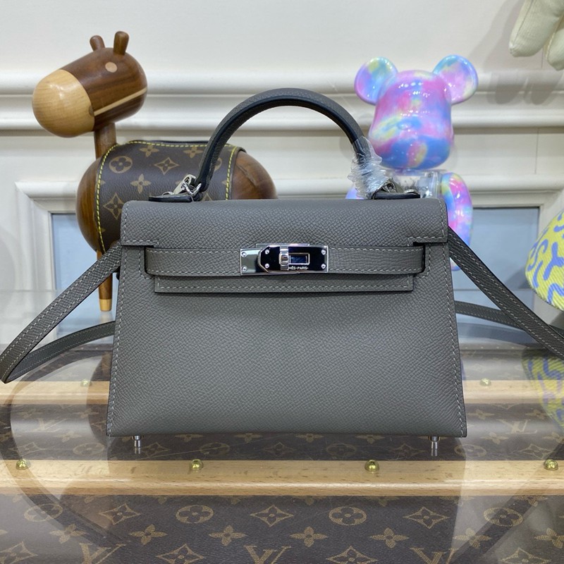 Hermes Mini Kelly II Bag 19cm Original Calfskin Leather Silver 09