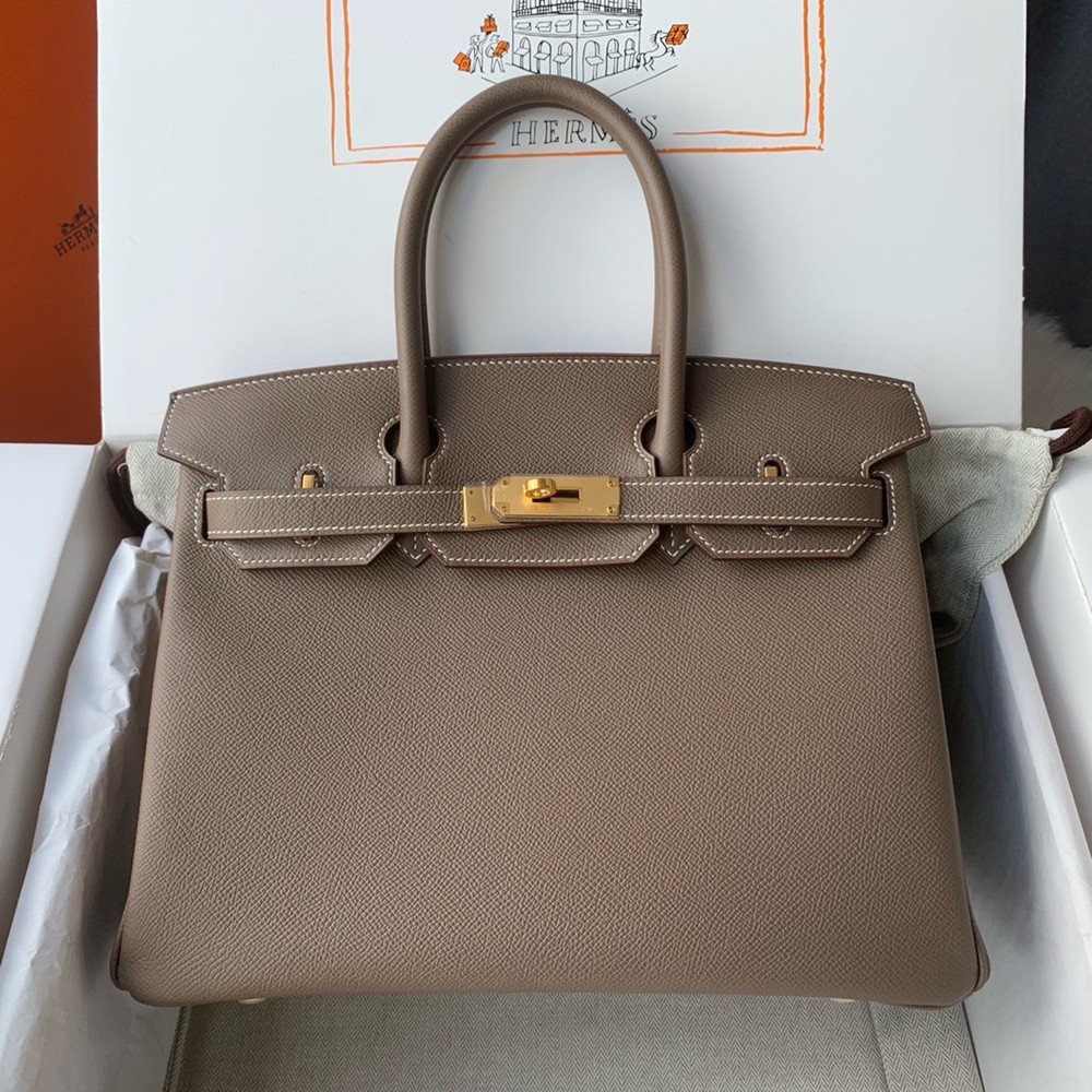 Hermes Birkin 30cm Bag Original Epsom Leather Full Handmade Gold Grey